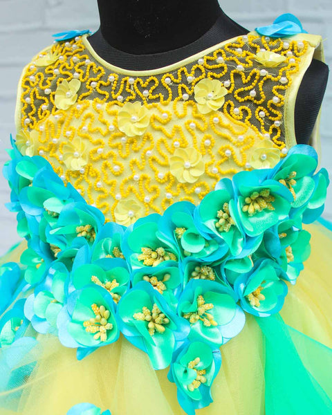 Pre-Order: Pale Yellow & Light Aqua Blue Hand-Crafted Twirled Gown