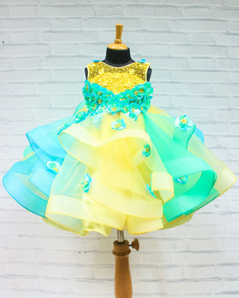 Pre-Order: Pale Yellow & Light Aqua Blue Hand-Crafted Twirled Gown