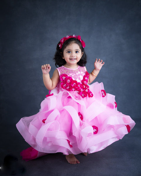 Pre-Order: Baby Pink Twirl Flouncy Gown With Frilled Layerd Trail On Back Side