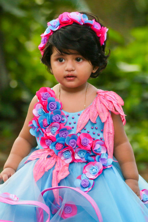 Pre-Order: Fuchsia Pink And Deep Sky Blue Dreamy Ruffled Gown With Scattered Flowers
