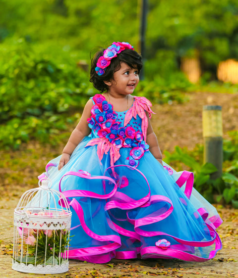 Pre-Order: Fuchsia Pink And Deep Sky Blue Dreamy Ruffled Gown With Scattered Flowers