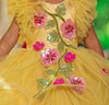 Pre-Order: Sunny Yellow Asymmetrical Swirl Gown With Fuchsia Pink Flower Appliqués