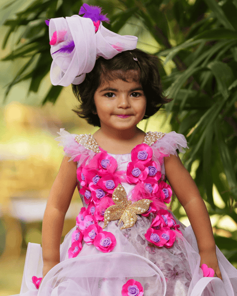 Pre-Order: Lilac Lavender Flossy Wavy Gown With Handcrafted Butterfly And Flowers