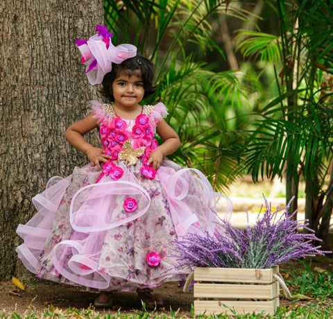 Pre-Order: Lilac Lavender Flossy Wavy Gown With Handcrafted Butterfly And Flowers