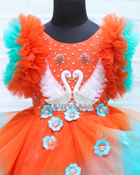 Pre-Order: Swan Theme Tangerine Orange And Aqua Blue Color Gradient Swirled Gown