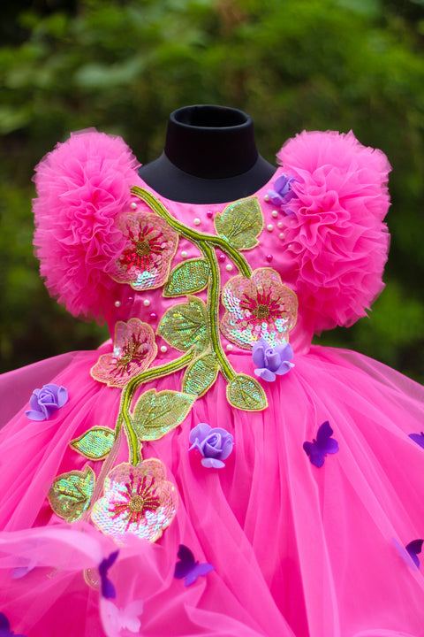 Pre-Order: Fuchsia Pink Asymmetrical Swirl Gown Purple Flowers