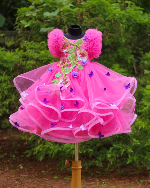 Pre-Order: Fuchsia Pink Asymmetrical Swirl Gown Purple Flowers