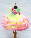 Pre-Order: Pale Yellow Twirled Gown With Pink And Greenish Blue Hand-Crafted Flower And Detailing