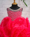 Pre-Order: Coral Pink Netted Frilled Fluffy Gown With White Crystal And Beads Work
