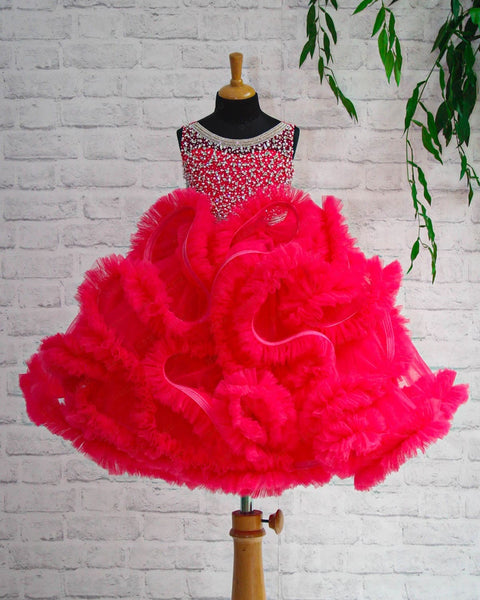 Pre-Order: Coral Pink Netted Frilled Fluffy Gown With White Crystal And Beads Work