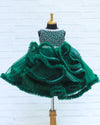 Pre-Order: Dark Green Netted Frilled Fluffy Gown With White Crystal And Bead Work