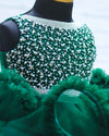 Pre-Order: Dark Green Netted Frilled Fluffy Gown With White Crystal And Bead Work