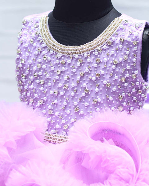 Pre-Order: Light Lavender Netted Frilled Fluffy Gown With White Crystal And Beads Work