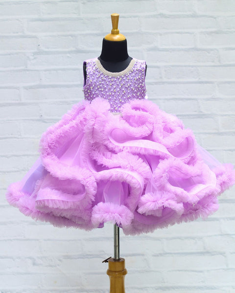 Pre-Order: Light Lavender Netted Frilled Fluffy Gown With White Crystal And Beads Work