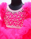 Pre-Order: Rani Pink Netted Frilled Fluffy Gown With White Crystal And Beads Work