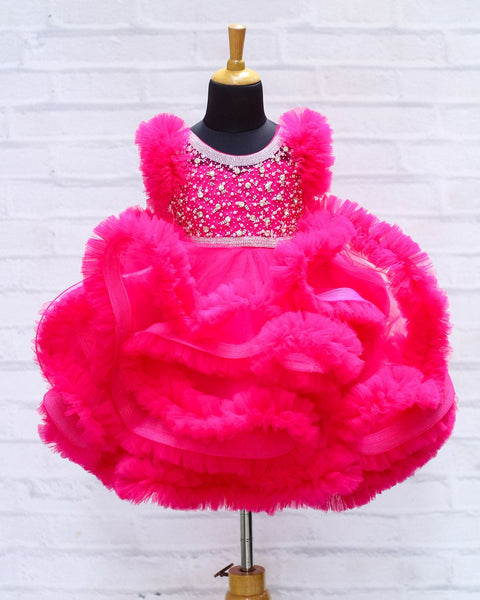 Pre-Order: Rani Pink Netted Frilled Fluffy Gown With White Crystal And Beads Work