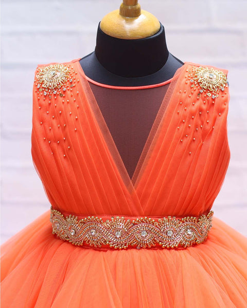 Pre-Order: Tangerine Orange Cloudy Frilled Gown With Handcrafted Beaded Waistline