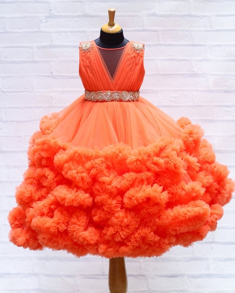 Pre-Order: Tangerine Orange Cloudy Frilled Gown With Handcrafted Beaded Waistline