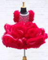 Pre-Order: Wine Red Netted Frilled Fluffy Gown With White Crystal And Beads Work