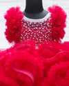 Pre-Order: Wine Red Netted Frilled Fluffy Gown With White Crystal And Beads Work