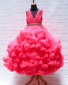 Pre-Order: Neon Pink Cloudy Frilled Gown With Handcrafted Beaded Waistline