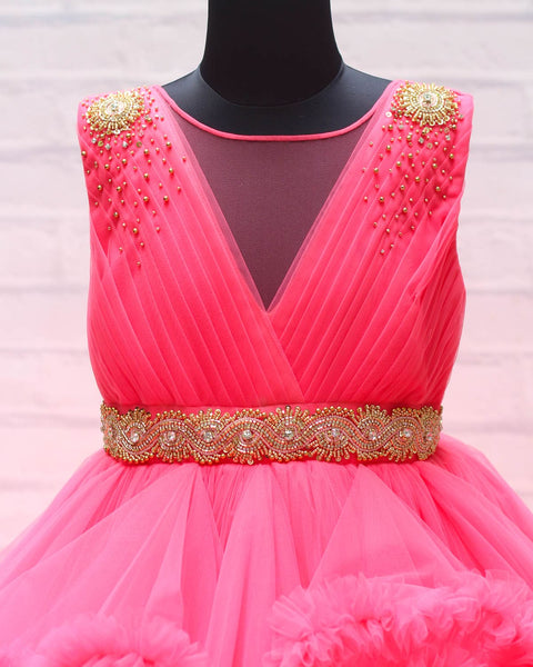 Pre-Order: Neon Pink Cloudy Frilled Gown With Handcrafted Beaded Waistline