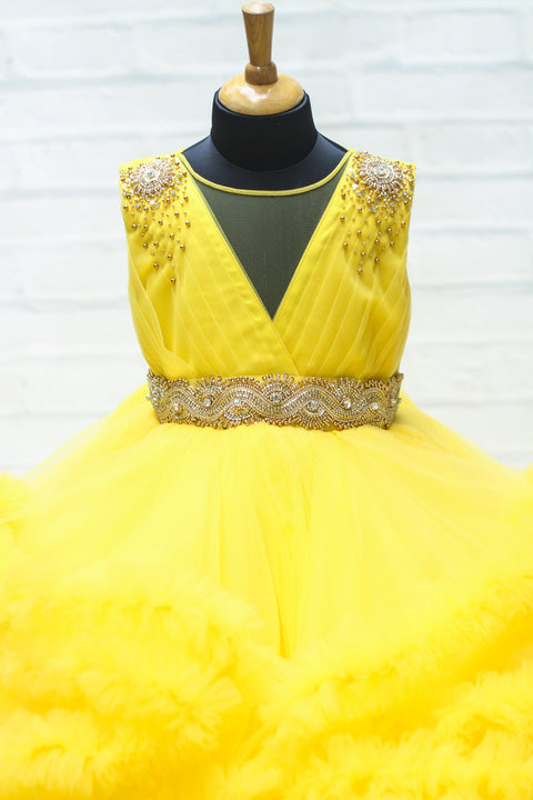 Pre-Order: Yellow Cloudy Frilled Gown With Handcrafted Beaded Waistline