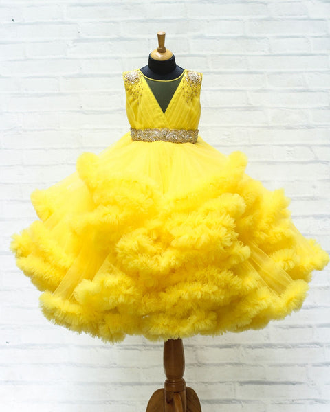 Pre-Order: Yellow Cloudy Frilled Gown With Handcrafted Beaded Waistline