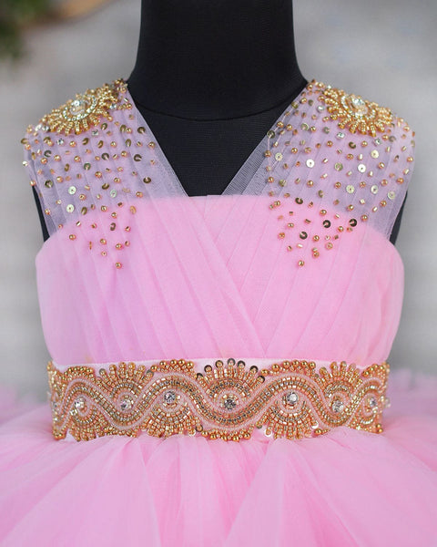 Pre-Order: Baby Pink Cloudy Frilled Gown With Handcrafted Beaded Waistline