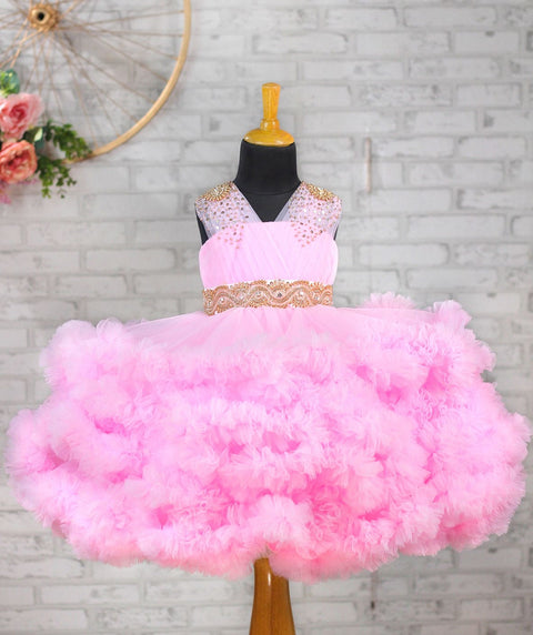 Pre-Order: Baby Pink Cloudy Frilled Gown With Handcrafted Beaded Waistline