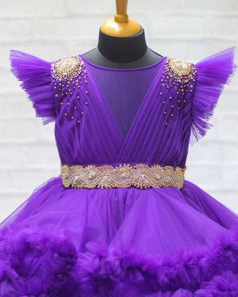 Pre-Order: Purple Cloudy Frilled Gown With Handcrafted Beaded Waistline