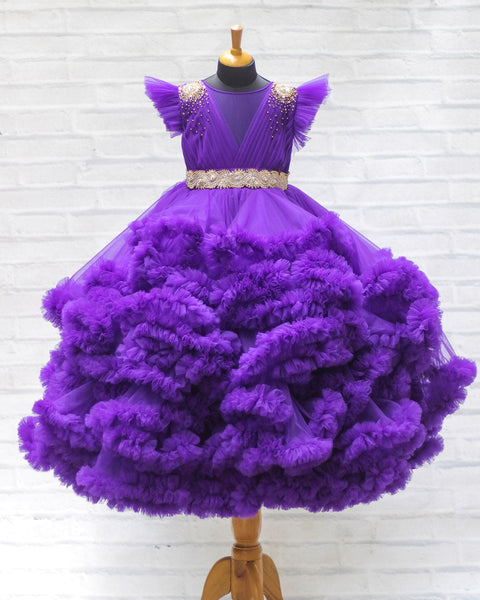 Pre-Order: Purple Cloudy Frilled Gown With Handcrafted Beaded Waistline