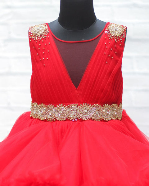 Pre-Order: Red Cloudy Frilled Gown With Handcrafted Beaded Waistline