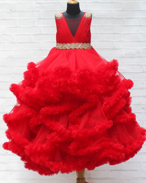 Pre-Order: Red Cloudy Frilled Gown With Handcrafted Beaded Waistline