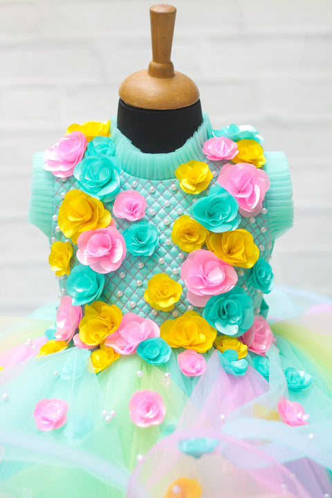 Pre-Order: Aqua Blue Gown With Multicolour Twirled Gown And Handcrafted Flowers