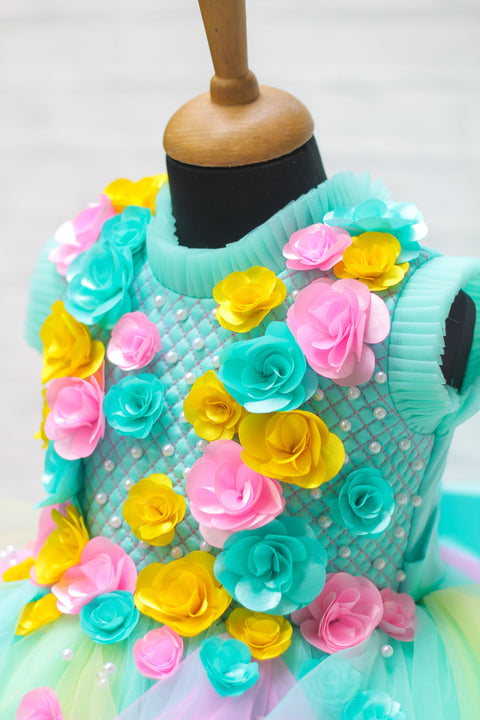 Pre-Order: Aqua Blue Gown With Multicolour Twirled Gown And Handcrafted Flowers