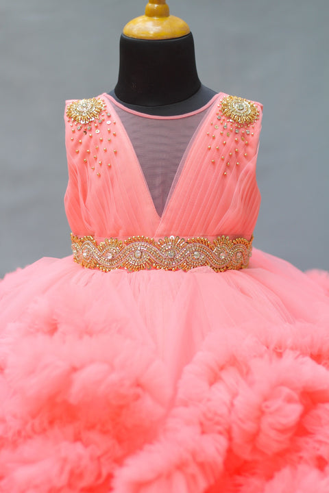 Pre-Order: Peach Cloudy Frilled Gown With Handcrafted Beaded Waistline