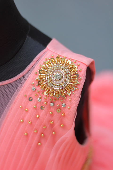 Pre-Order: Peach Cloudy Frilled Gown With Handcrafted Beaded Waistline