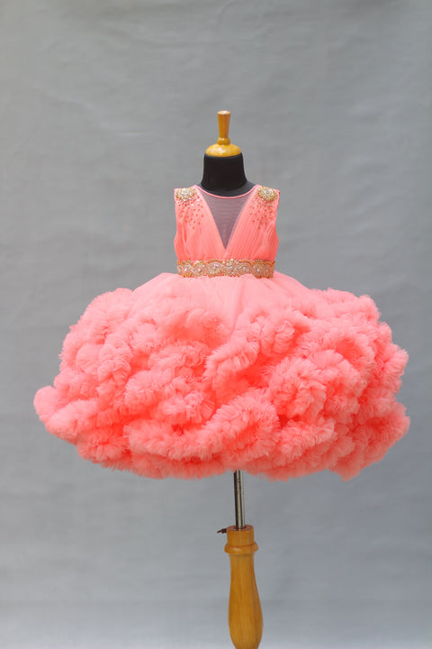 Pre-Order: Peach Cloudy Frilled Gown With Handcrafted Beaded Waistline