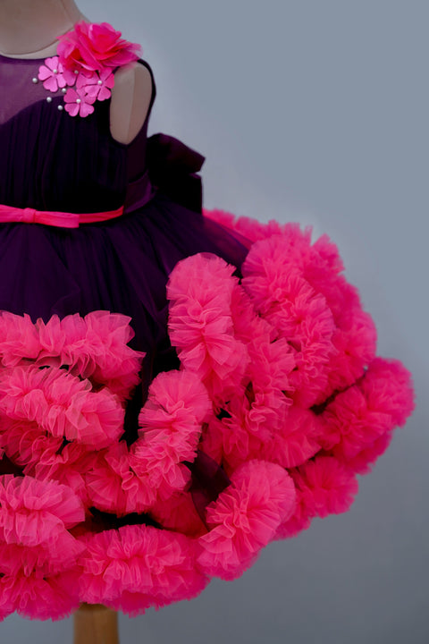 Pre-Order: Purple And Rani Pink Cloudy Frilled Party Wear Gown With Flower Detailing