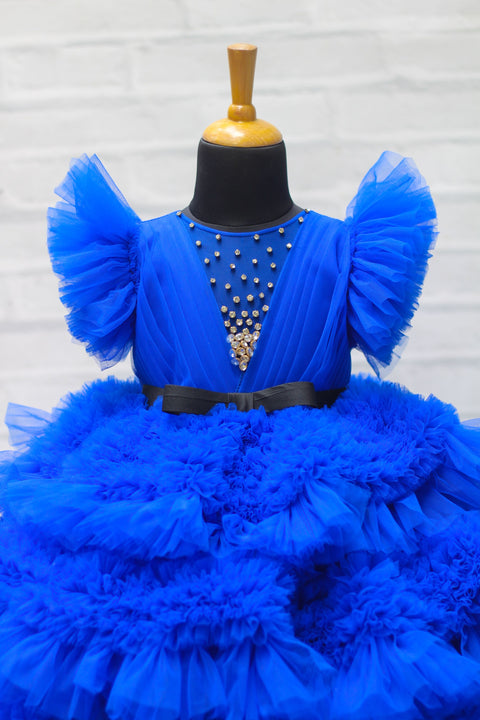 Pre-Order: Royal Blue Feather Frilled Gown With Stone Embellishment