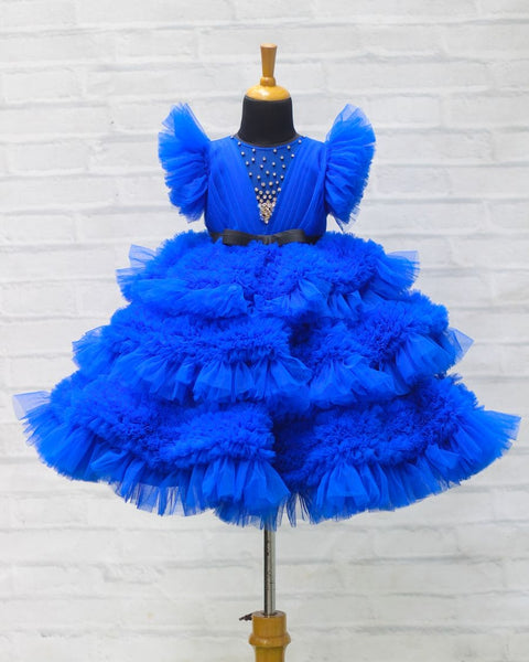 Pre-Order: Royal Blue Feather Frilled Gown With Stone Embellishment