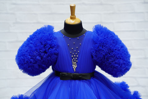 Pre-Order: Royal Blue Cloudy Frilled Gown With Heavy Frilled Ball Sleeve Detailing
