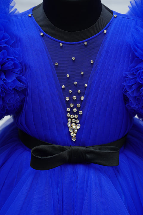 Pre-Order: Royal Blue Cloudy Frilled Gown With Heavy Frilled Ball Sleeve Detailing