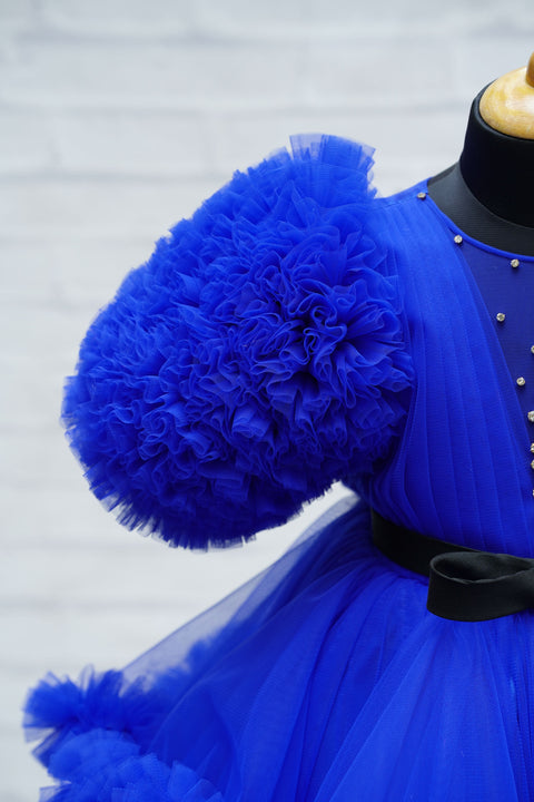 Pre-Order: Royal Blue Cloudy Frilled Gown With Heavy Frilled Ball Sleeve Detailing