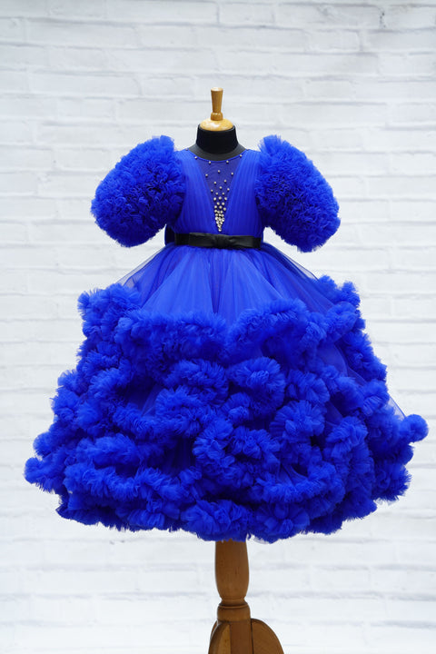 Pre-Order: Royal Blue Cloudy Frilled Gown With Heavy Frilled Ball Sleeve Detailing