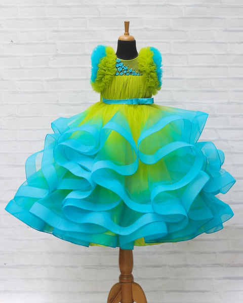 Pre-Order: Lime Green & Turquoise Blue Double Shaded Frilled Sleeve Partywear Gown