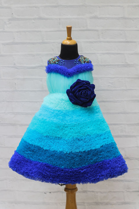 Pre-Order: Royal Blue And Sky Blue Combo Tiny Flouncy Frilled High Low Partywear Gown