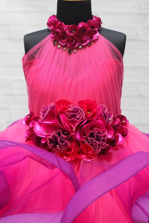 Pre-Order: Pink And Purple Ombre Shaded Halter Neck Partywear Gown