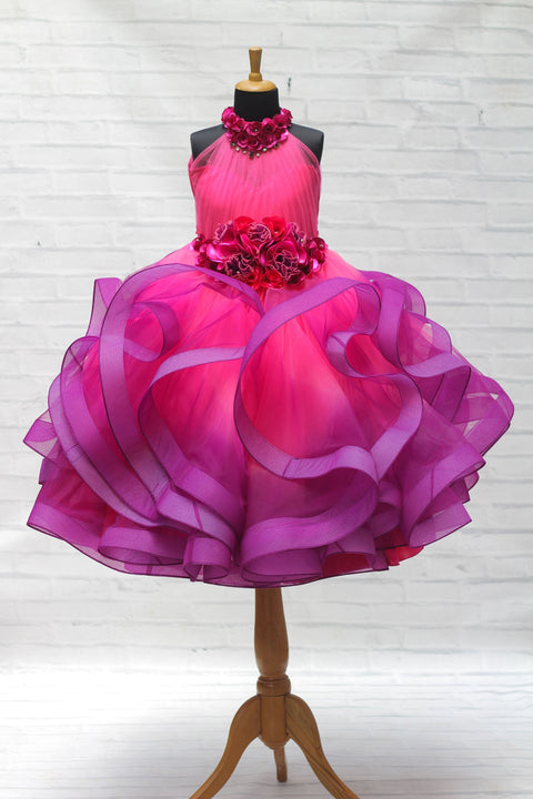 Pre-Order: Pink And Purple Ombre Shaded Halter Neck Partywear Gown